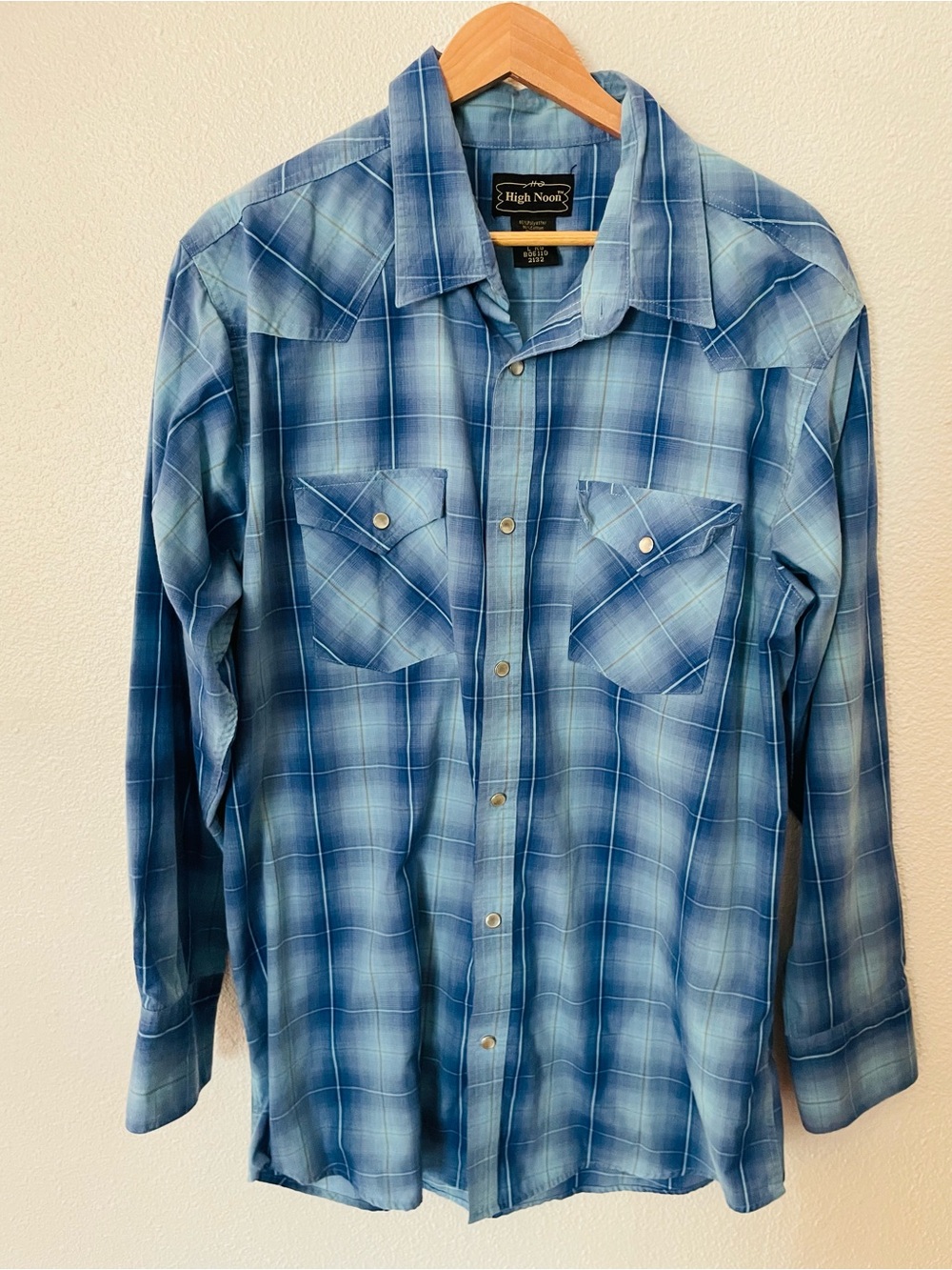 High Noon Men's Blue Plaid Western Button-Down Shirt Pearl Snaps Rodeo Size L